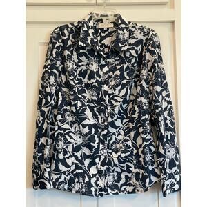 Jones New York Sport Navy/White Floral button up blouse XL 100% Cotton